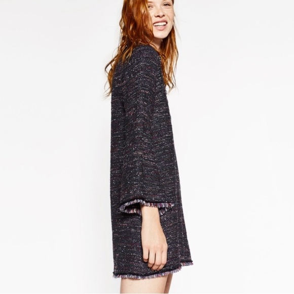 Zara Tweed Fringe Black Tunic Dress Small Bell Sleeves Deep V Neck Stich Colors - Picture 7 of 14